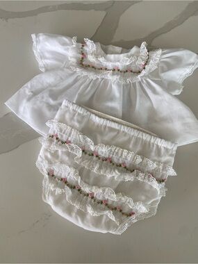 Alexis White Lace Baby Dress & Bloomers with Pink Rose Trim